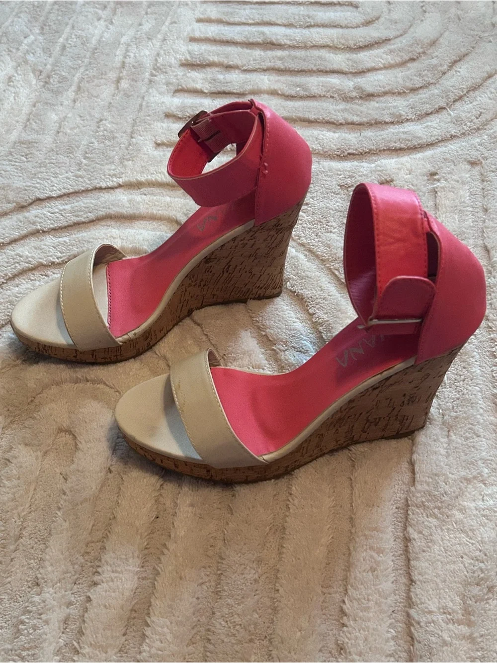 Coral and Cream Ankle-Strap Wedge Sandals Wedges Sz 6